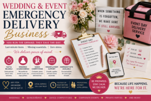 A wedding and event emergency delivery service concept with an event day checklist, delivery bag, flowers, phone tracking screen and last-minute event essentials.