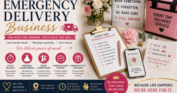 A wedding and event emergency delivery service concept with an event day checklist, delivery bag, flowers, phone tracking screen and last-minute event essentials.