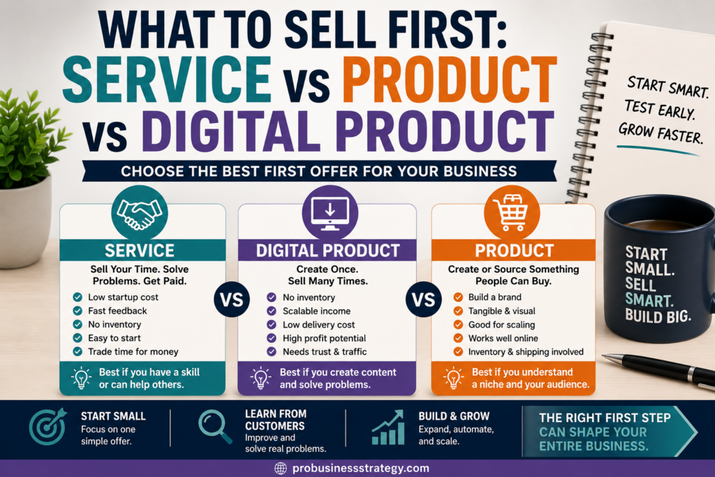 Comparison of service, physical product, and digital product as first business offers for beginner entrepreneurs.