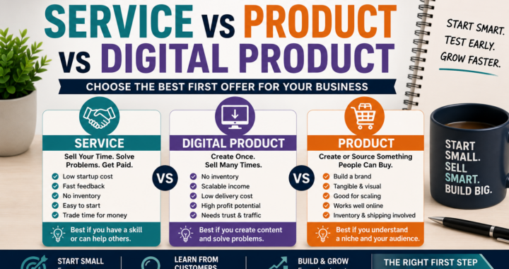 Comparison of service, physical product, and digital product as first business offers for beginner entrepreneurs.
