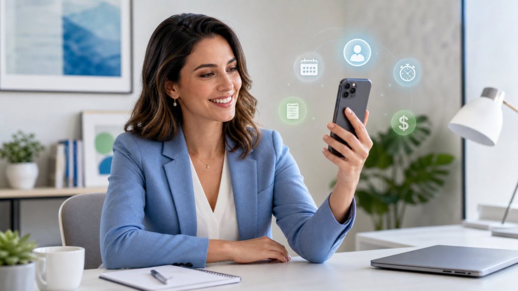 Professional online coach using a smartphone to run video coaching sessions, schedule appointments and manage clients from a modern workspace.