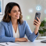 Professional online coach using a smartphone to run video coaching sessions, schedule appointments and manage clients from a modern workspace.