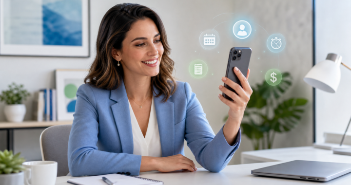 Professional online coach using a smartphone to run video coaching sessions, schedule appointments and manage clients from a modern workspace.