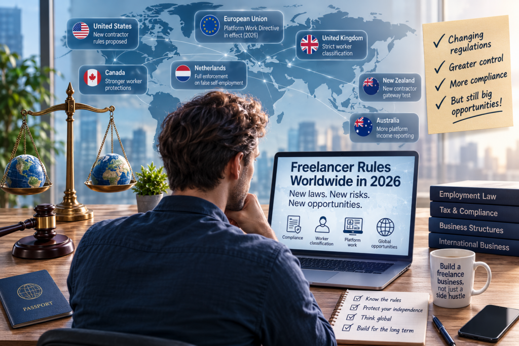 Freelancer reviewing changing regulations in the United States, European Union, United Kingdom, Canada, the Netherlands, New Zealand, and Australia
