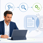 Business professional reviewing a client dispute while guiding two clients toward a professional resolution using a structured process.