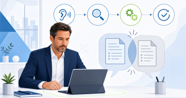 Business professional reviewing a client dispute while guiding two clients toward a professional resolution using a structured process.
