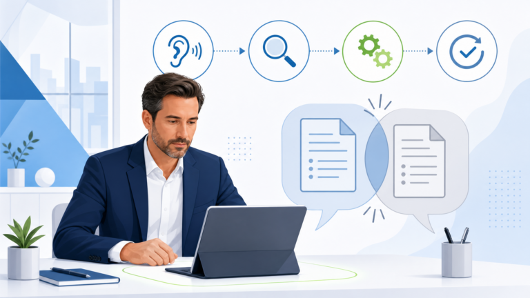Business professional reviewing a client dispute while guiding two clients toward a professional resolution using a structured process.