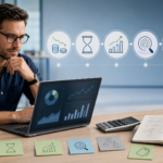 Small business owner calculating product and service pricing using costs, profit margin, market research and pricing strategy.