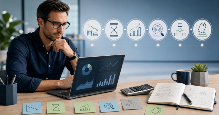 Small business owner calculating product and service pricing using costs, profit margin, market research and pricing strategy.
