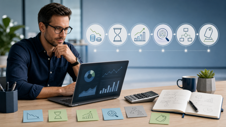 Small business owner calculating product and service pricing using costs, profit margin, market research and pricing strategy.