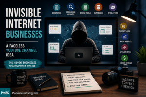 Faceless YouTube creator researching invisible internet businesses, niche directories, online tools, databases, and hidden revenue models