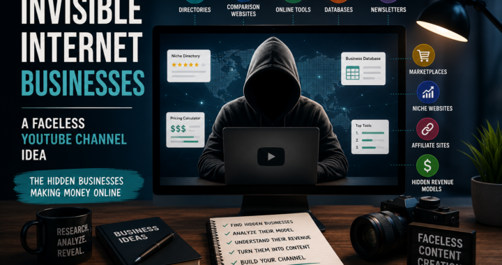 Faceless YouTube creator researching invisible internet businesses, niche directories, online tools, databases, and hidden revenue models