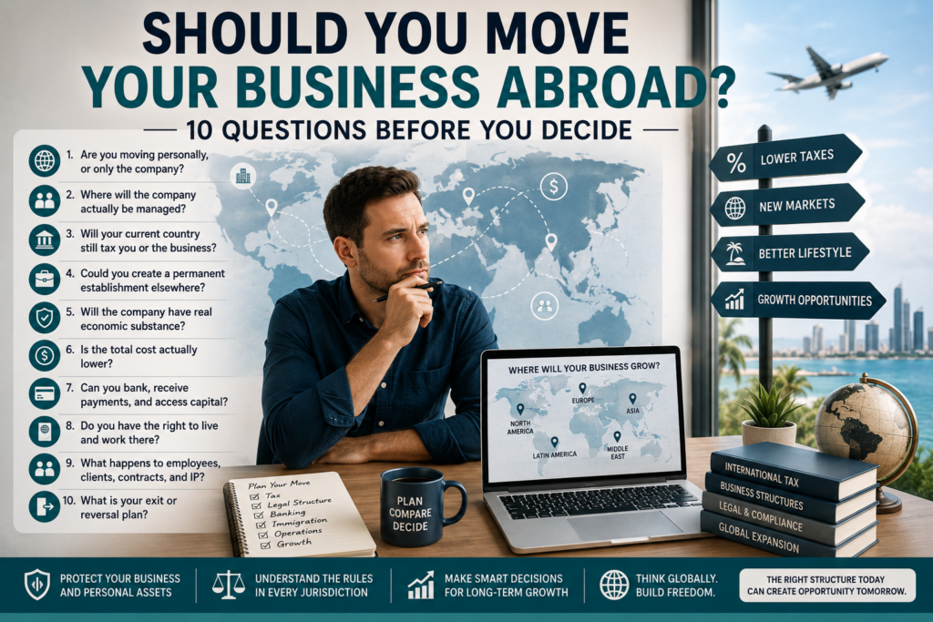Entrepreneur comparing tax, banking, legal structure, costs, and growth opportunities before moving a business abroad