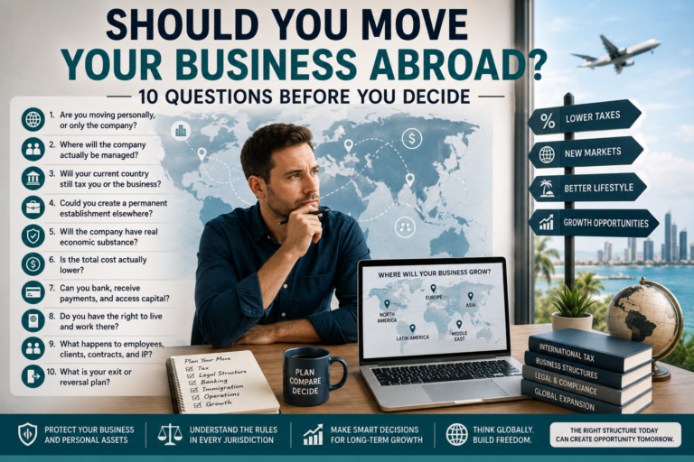 Entrepreneur comparing tax, banking, legal structure, costs, and growth opportunities before moving a business abroad