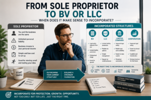Entrepreneur comparing a sole proprietorship with incorporated business structures such as a BV, LLC, limited company, and corporation